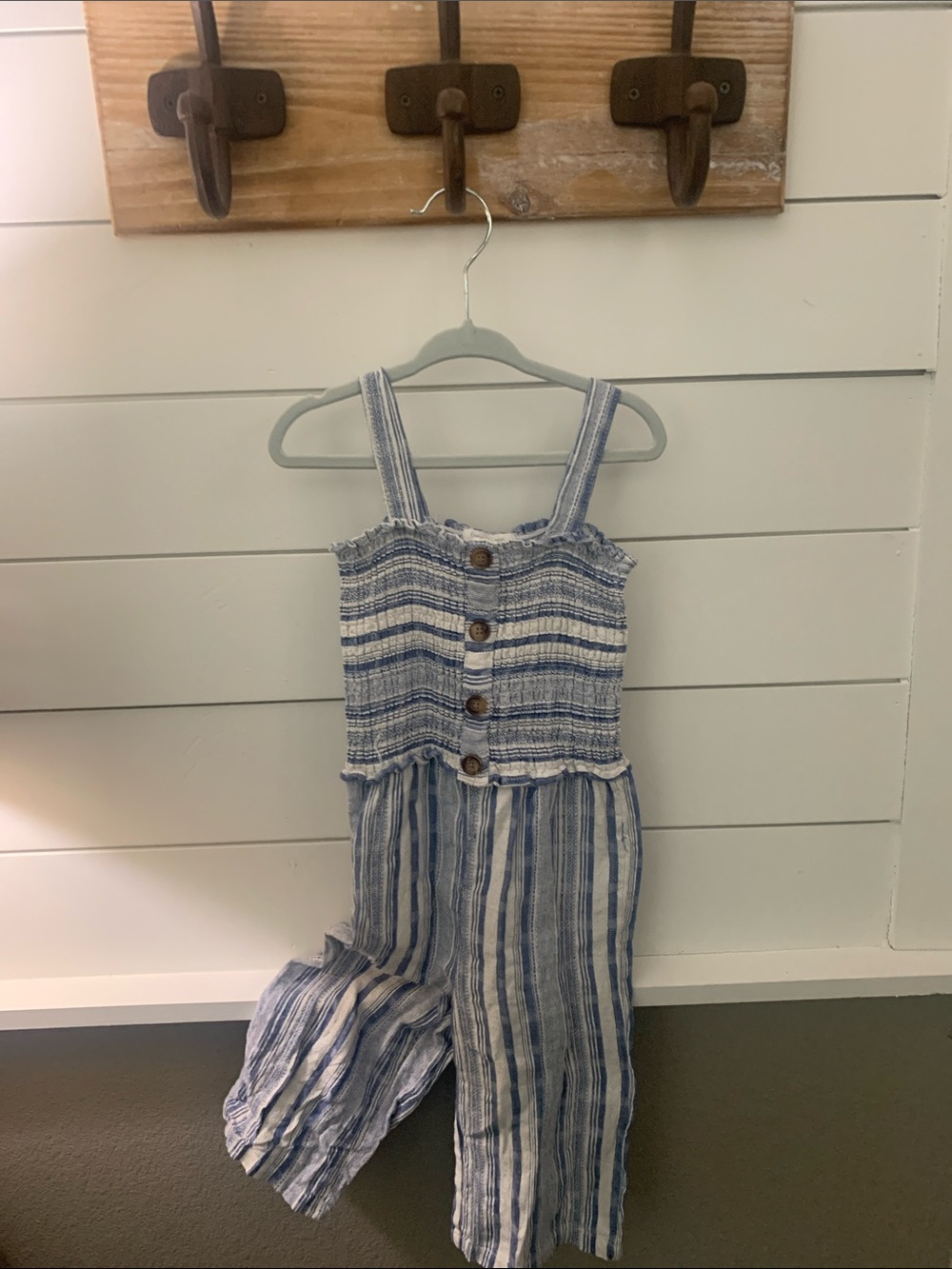 Forever Me Girls' Blue and White Striped Button-Front Jumpsuit Size 4T